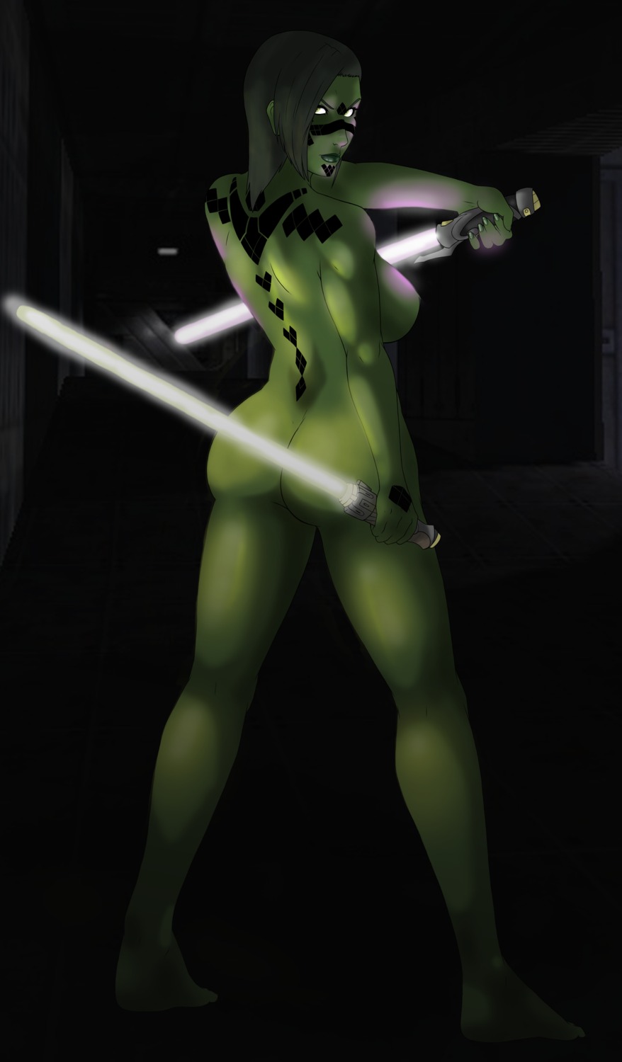 ass bioware female green_skin imonk lightsaber lucasfilm mirialan nipples rule34 star_wars star_wars:_the_old_republic tattoo