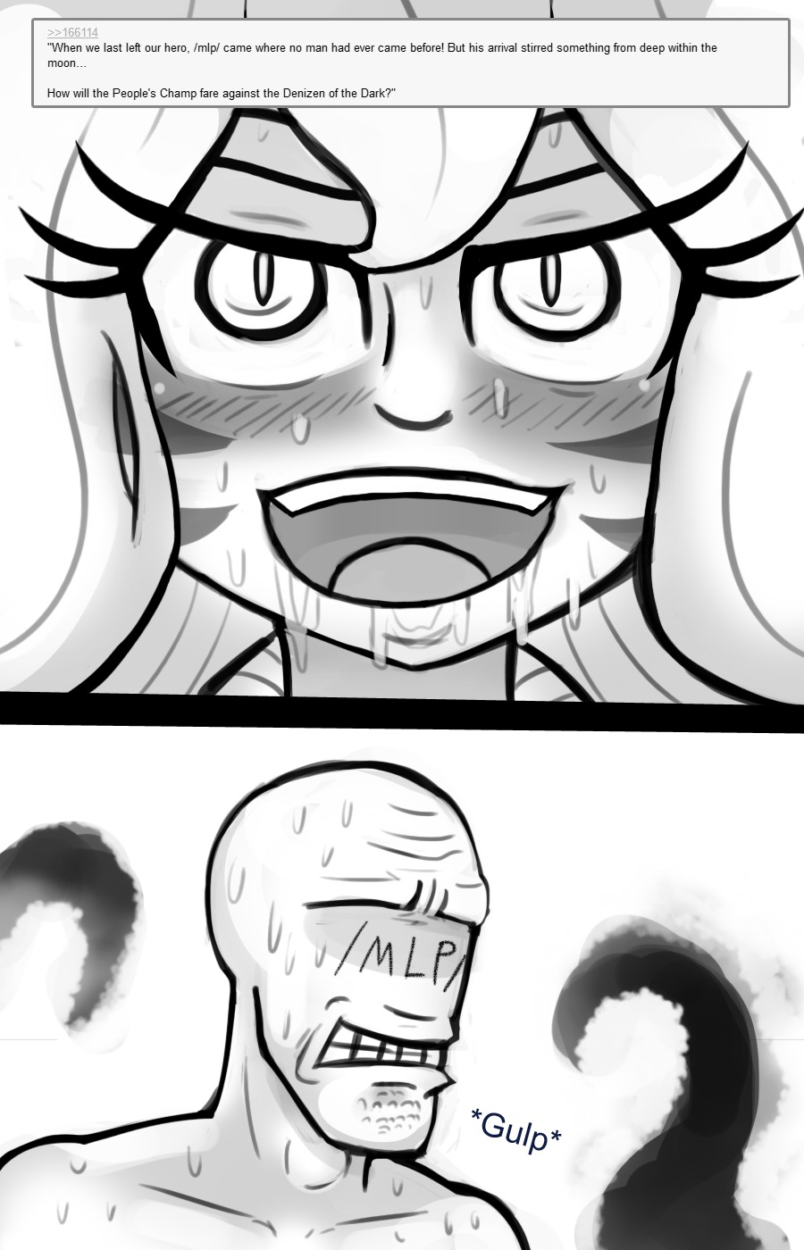 /mlp/ 2013 9:14 anon blonde_hair bodily_fluids comic cum cum_on_face duo e621 english_text female genital_fluids hair hasbro hi_res human livesmutanon male mammal monochrome my_little_pony not_furry open_mouth saliva sweat tentacles text tongue