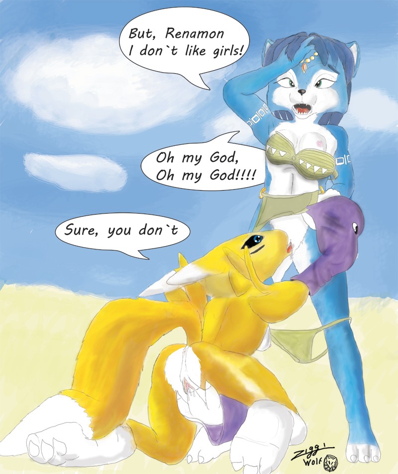 3_toes anthro ass barefoot bindi black_sclera blue_eyes blue_fur blue_hair breasts canine claws clothes color crossover cunnilingus day dialog digimon digimon_(species) english_text female female_only fingering fox fur furry furry_ass furry_breasts furry_ears furry_tail hair jewelry krystal licking masturbation multiple_females nude open_mouth oral outdoors pointy_ears pussy renamon rule34 short_hair speech_bubble star_fox tail text tongue vulva white_fur yellow_fur yuri