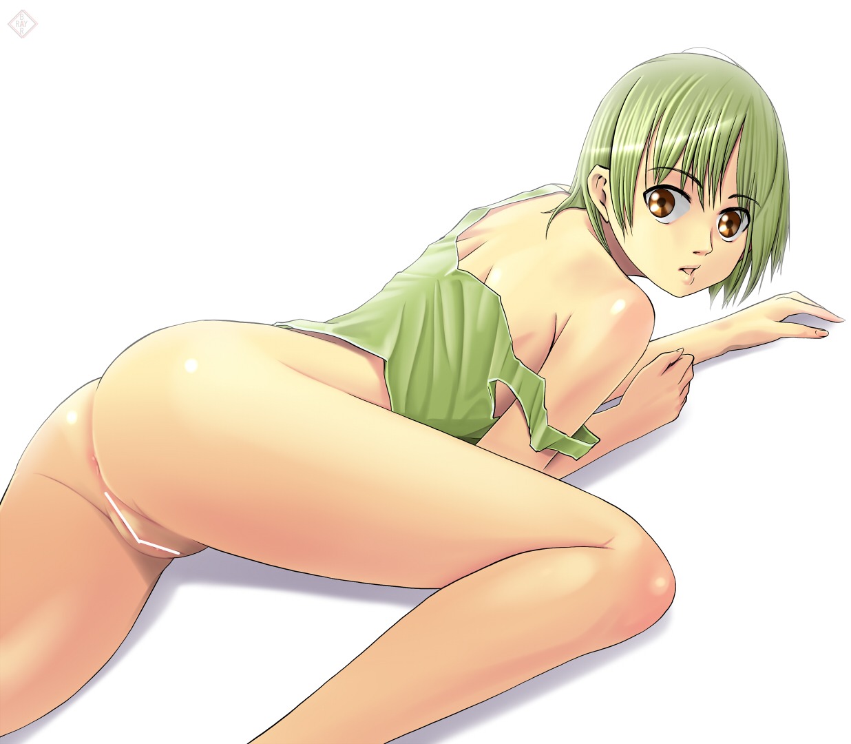 ass bottomless brown_eyes censored female green_hair lying on_stomach original pussy raybar rule34 short_hair solo strap_slip yellow_eyes