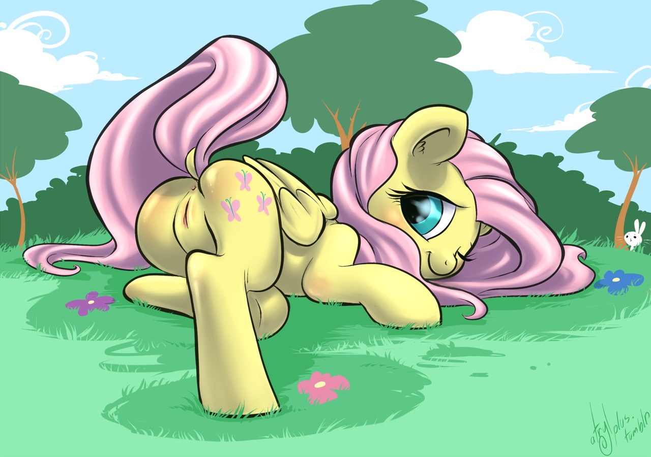 2012 anus atryl blush butt cutie_mark digital_media_(artwork) duo e621 equid equine feathered_wings feathers female feral flower fluttershy_(mlp) friendship_is_magic genitals hair hasbro lagomorph leporid lying mammal my_little_pony mythological_creature mythological_equine mythology outside pegasus pink_hair plant presenting presenting_hindquarters quadruped rabbit sky solo_focus tail tree vulva wings wood yellow_body yellow_feathers