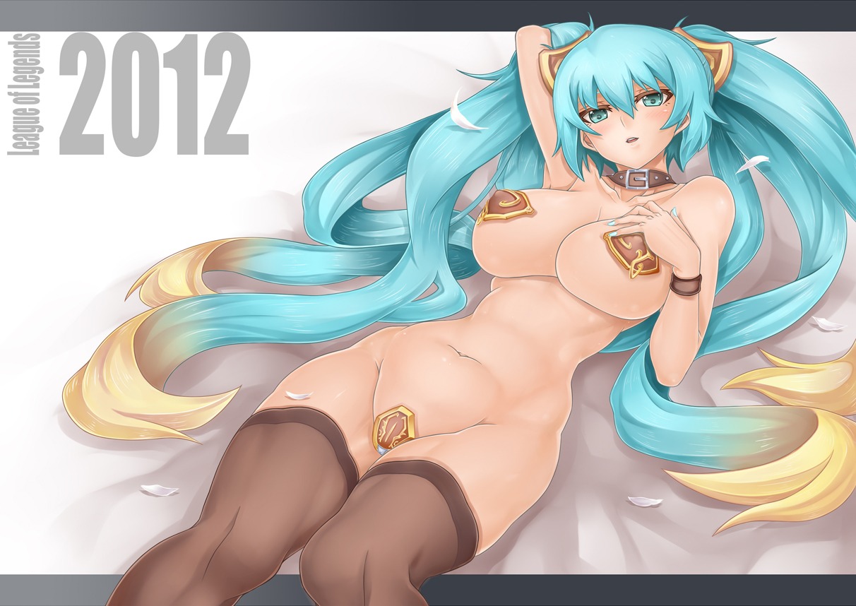 belt belt_collar big_breasts blue_eyes blue_hair blue_nails breasts choker covered_crotch covered_nipples covered_pussy female hand_behind_head hand_on_breast large_breasts laying_on_bed league_of_legends multicolored_hair nail_polish naked open_mouth pussy rule34 simple_background sona_buvelle stockings thick_hips thick_thighs twintails wristband
