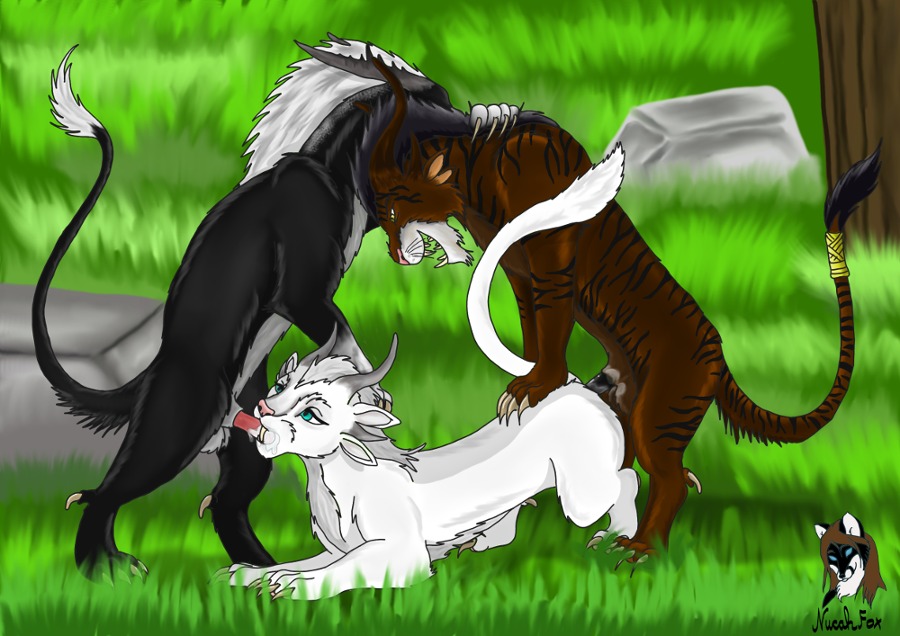 all_fours ambiguous_penetration animal_genitalia balls black_body black_fur bodily_fluids brown_body brown_fur charr claws cum doggystyle domestic_cat double_penetration e621 erection eyes_closed felid feline felis fellatio female feral feral_on_feral from_behind_position fur genital_fluids genitals grass group group_sex guild_wars horn male male/female mammal nucahfox oral oral_penetration outside paws penetration penile penis plant sex sheath spitroast white_body white_fur