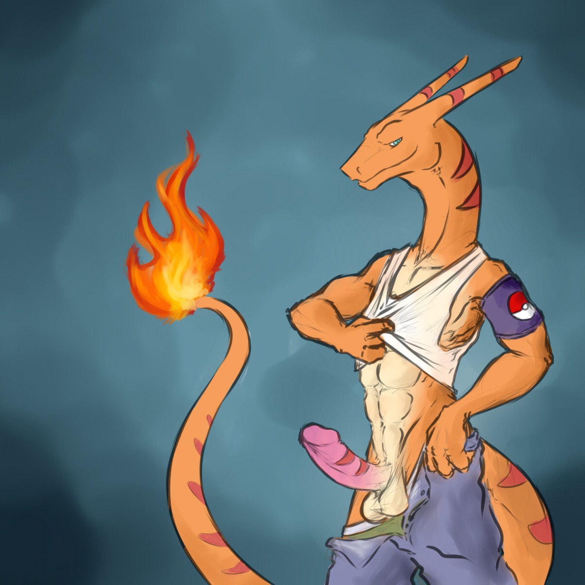 1:1 2013 abs anthro athletic balls biceps biped blue_eyes bottomwear charizard clothed clothing clothing_lift covertcanine dragon e621 erection fire flaming_tail generation_1_pokemon genitals hi_res humanoid_genitalia humanoid_penis looking_at_viewer male markings muscular muscular_anthro mythological_creature mythological_scalie mythology nintendo orange_body orange_skin pants partially_clothed penis pokemon pokemon_(species) pokemorph scalie shirt shirt_lift solo standing tail tank_top topwear undressing