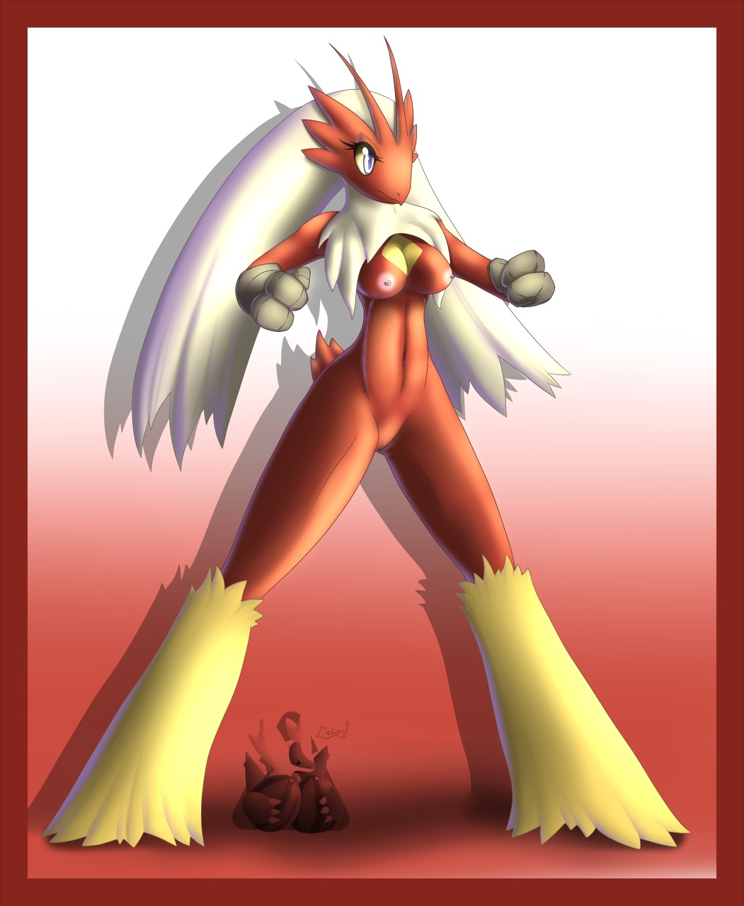 3_fingers anthro anthrofied avian barefoot beak biped bird blaziken blue_eyes border breasts e621 eyelashes feathers feet female fingers fist fur generation_3_pokemon genitals glistening gradient_background hair hi_res latiar long_hair navel nintendo nipples non-mammal_breasts non-mammal_nipples nude pokemon pokemon_(species) pokemorph raised_arm raised_fist raised_hand red_background red_body red_border red_fur shadow simple_background solo standing vulva white_background white_hair yellow_body yellow_fur yellow_sclera