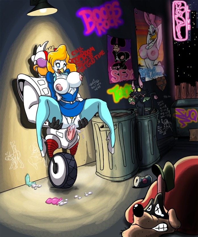2013 alley anal anal_penetration anthro armor avian beagle_boys beak big_breasts bird black_body black_skin blonde_hair blue_eyes bodily_fluids breasts clothed clothing cum cum_in_ass cum_inside daisy_duck disney domestic_cat ducktales e621 erection felid feline felis female footwear gandra_dee genital_fluids genitals gizmoduck group hair headgear helmet high_heels legwear lordstevie male male/female mammal minnie_mouse nipples non-mammal_breasts non-mammal_nipples outside penetration penis pose pubes sex shoes smile stockings vein vulva white_body white_skin wide_hips