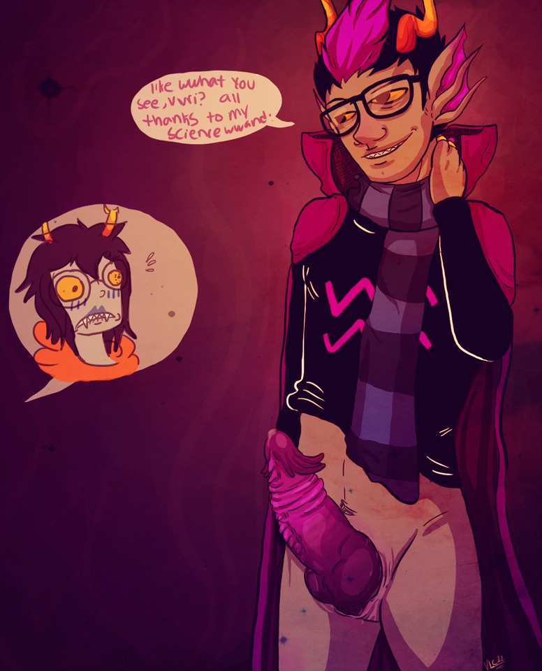 1boy 1girls artist_request artist_signature black_hair blue_lips blush cape clothing dialogue eridan_ampora fangs female fins glasses grey_skin homestuck horns huge_cock male male_focus ms_paint_adventures no_pants penis purple_highlights rule34 scarf sharp_teeth short_hair smile source_request speech_bubble straight text troll vriska_serket