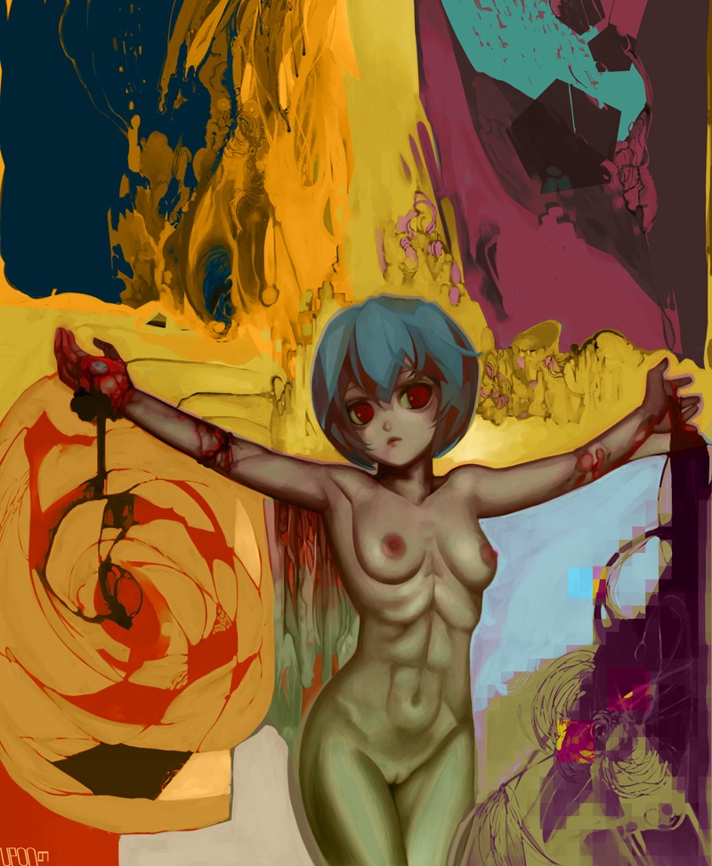 1girls artistic_nude blood breasts casual crucifixion female female_only human muscles nailed_to_cross neon_genesis_evangelion nonsexual nonsexual_nudity nude painting_(artwork) pale_skin pussy rei_ayanami rule34 skinny small_breasts solo straight_hair uponthoufaircat