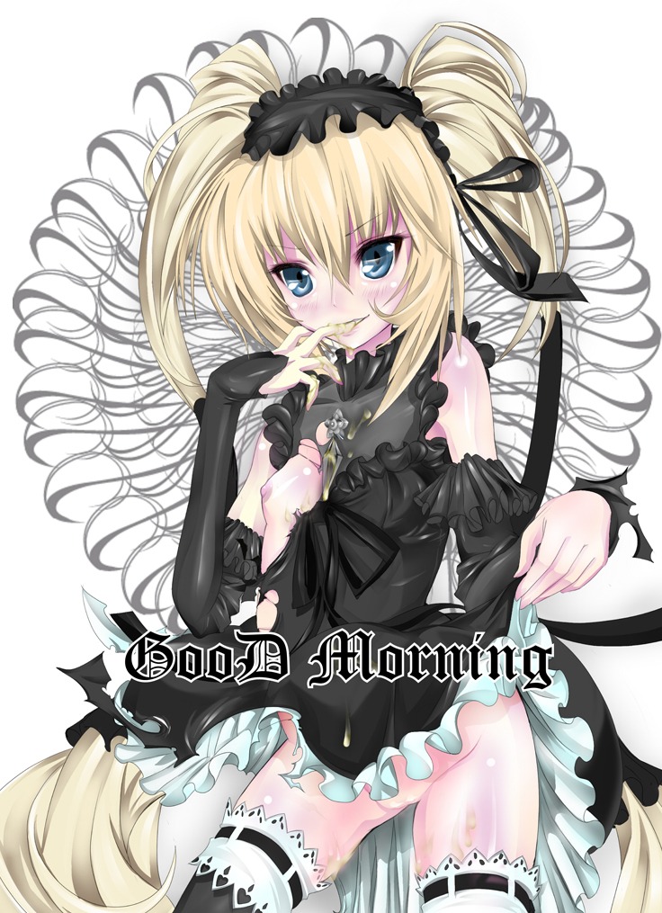 1girls blonde_hair blue_eyes cum cum_on_chest cum_on_fingers cum_on_thighs ekaterina_kurae elbow_gloves female flat_chest pussy rule34 seikon_no_qwaser skirt skirt_lift solo stockings tied_hair torn_clothes twintails