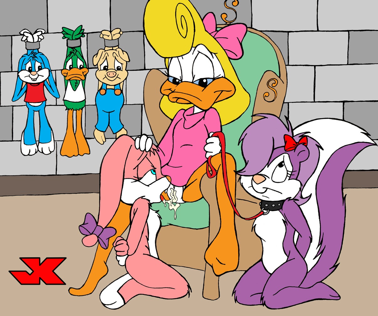 3girls anthro babs_bunny black_eyes blonde_hair blue_fur bondage buster_bunny collar duck female fifi_la_fume fur furry green_fur hamton_j_pig jk leash loon male mammal multiple_females multiple_males nude pig pink_fur plucky_duck purple_fur rabbit rule34 shirley_the_loon skunk soft_feathers tiny_toon_adventures uncensored warner_brothers white_fur yuri