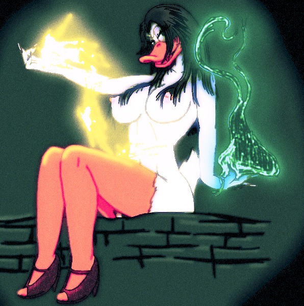 anthro black_hair disney duck ducktales female high_heels magic magica_de_spell magician moltsi nipples rule34 solo sorceress tagme white_feathers white_fur
