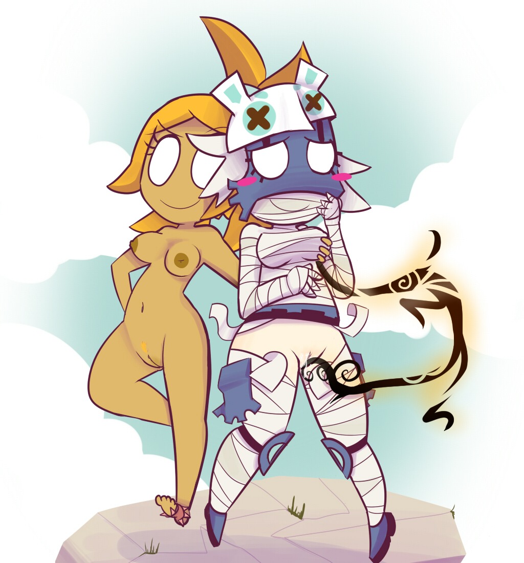 ankama bandage bandaged_body blush bodily_fluids breasts clothed clothing digital_media_(artwork) duo e621 female female/female genital_fluids genitals hair humanoid looking_at_viewer mammal nipples no_pupils not_furry nude pubes sacrier thegalen vulva wakfu xelor