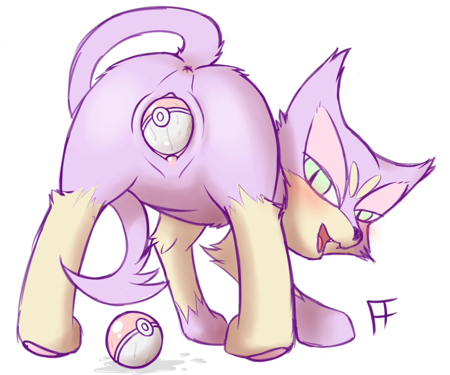 6:5 absurd_res all_fours anus ass_up blush bodily_fluids butt digital_media_(artwork) e621 fearingfun felid female feral fur generation_5_pokemon genital_fluids genitals green_eyes half-closed_eyes hi_res improvised_sex_toy looking_at_viewer looking_back mammal narrowed_eyes nintendo open_mouth penetration pokeball pokeball_insertion pokemon pokemon_(species) presenting presenting_hindquarters purple_body purple_fur purrloin raised_tail sex_toy simple_background solo standard_pokeball tail tan_body tan_fur teeth vaginal vaginal_fluids vaginal_penetration vulva wide_hipped_female wide_hipped_feral wide_hips