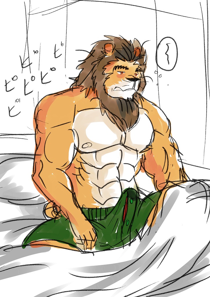 2013 abs anthro athletic bed biceps big_muscles biped black_nose bodily_fluids boxers_(clothing) brown_body brown_fur brown_hair clothed clothing cum_stain e621 erection erection_under_clothing felid fur furniture genital_fluids genitals hair hentist leaking lion male mammal morning_wood muscular muscular_anthro muscular_male nipples orange_eyes pantherine pecs penis precum precum_through_clothing shishimaru_genjurou sitting sketch solo stain tan_body tan_fur teeth tenting topless underwear wet wet_clothing whiskers white_body white_fur