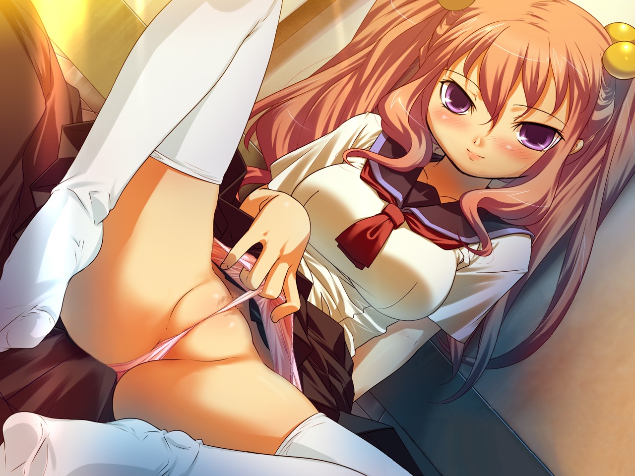 brown_hair character_request copyright_request female game_cg hikage_eiji long_hair panties panty_pull pubic_hair purple_eyes pussy rule34 school_uniform seifuku sitting skirt skirt_lift smile spread_legs thighhighs tied_hair twintails uncensored underwear wedgie