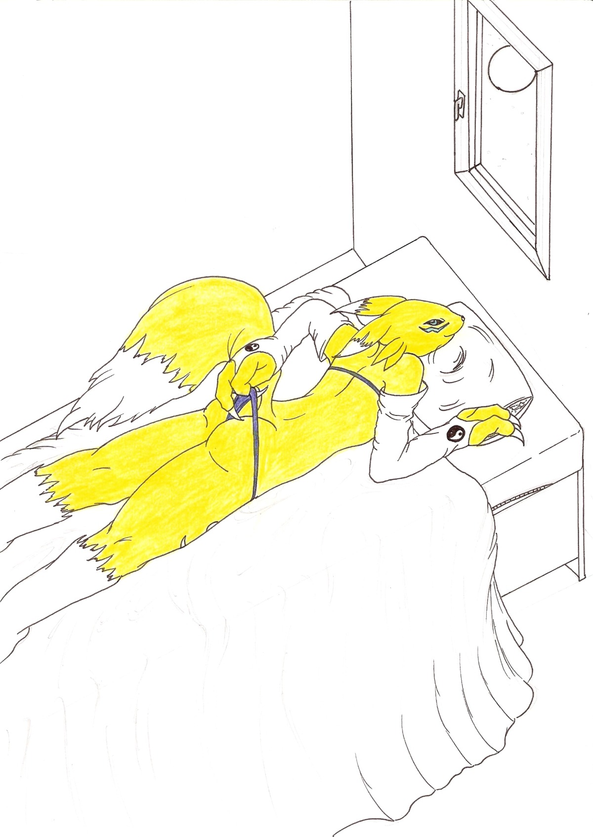 anthro ass bed canine color digimon digimon_(species) female female_only fox fur furry indoors lying on_front partially_colored renamon rule34 solo tagme