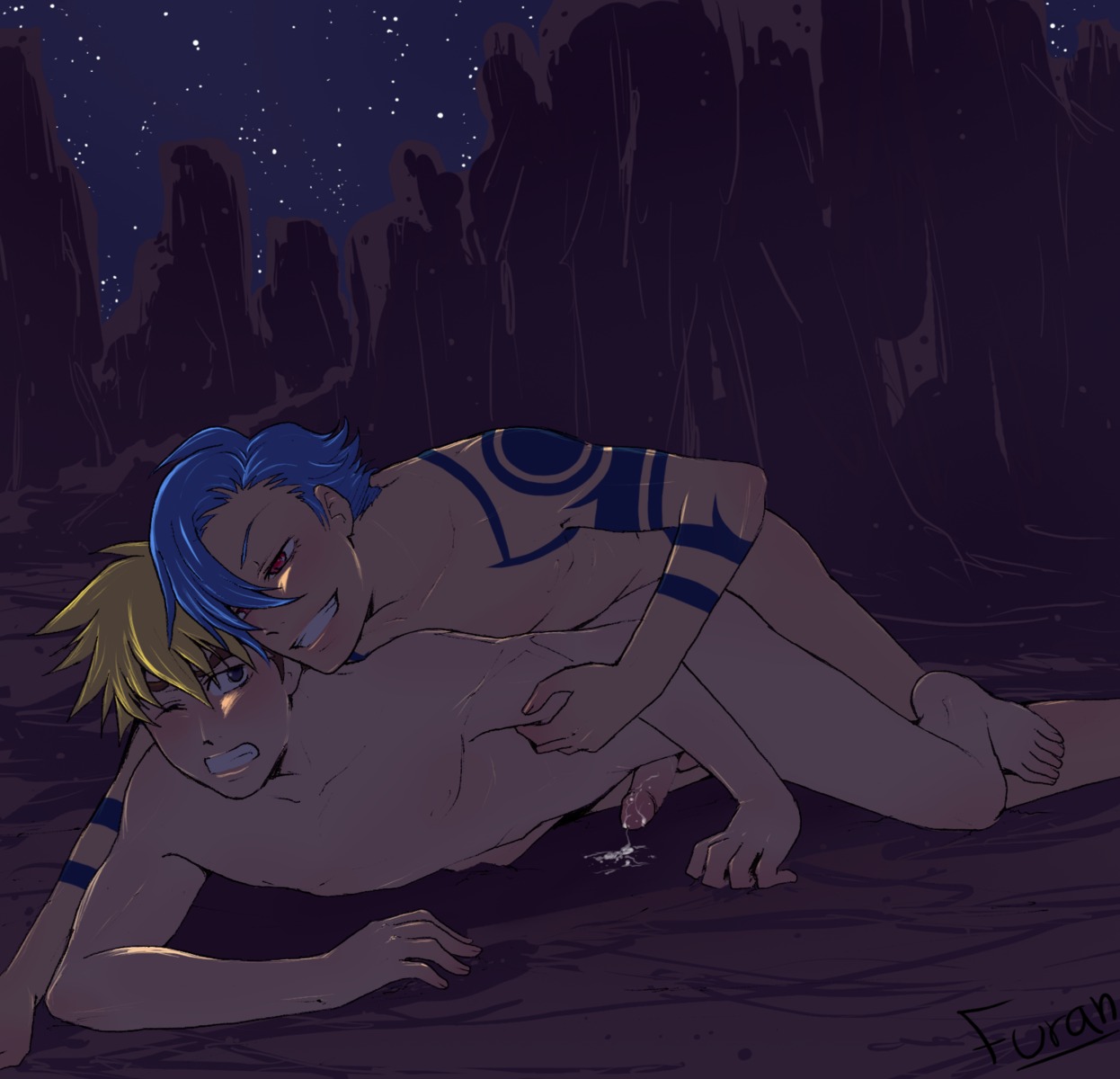2boys anal blonde_hair blue_hair cum ferian gay kamina kittan_bachika male male_only night outdoors penis red_eyes rule34 sex tagme tattoo tengen_toppa_gurren_lagann wince yaoi