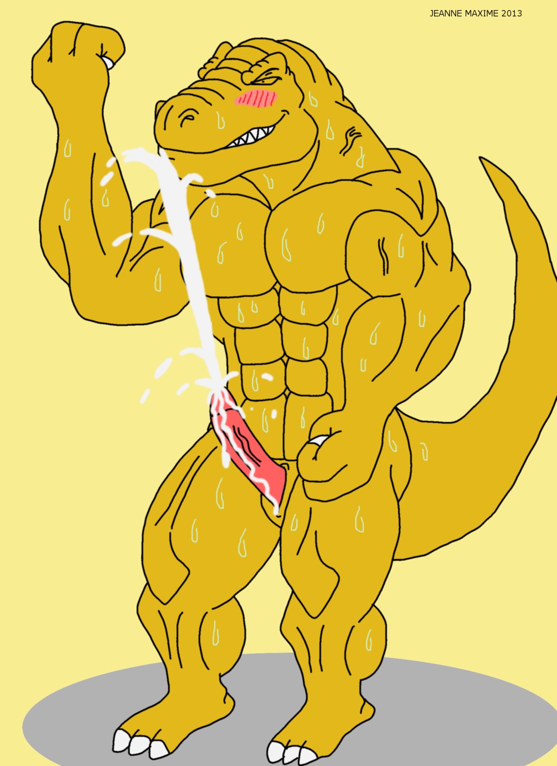 2013 abs animal_genitalia anthro biceps bodily_fluids cum cum_on_penis cum_string cumshot dinosaur e621 ejaculation erection extreme_dinosaurs eyes_closed genital_fluids genitals hi_res male maxime-jeanne muscular muscular_anthro muscular_male nude orgasm pecs penis pose prehistoric_species reptile saurischian scales scalie sheath solo t-bone_(extreme_dinosaurs) tail theropod tyrannosaurid tyrannosauroid tyrannosaurus tyrannosaurus_rex