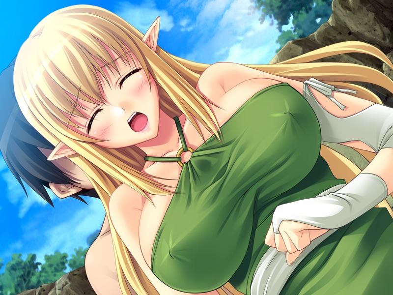 blonde_hair blush breasts bridal_gauntlets closed_eyes clothing elf erect_nipples erect_nipples_under_clothes female game_cg huge_breasts large_breasts long_hair nipples open_mouth pointy_ears rule34 team-tanabe tiffania_westwood zero_no_tsukaima
