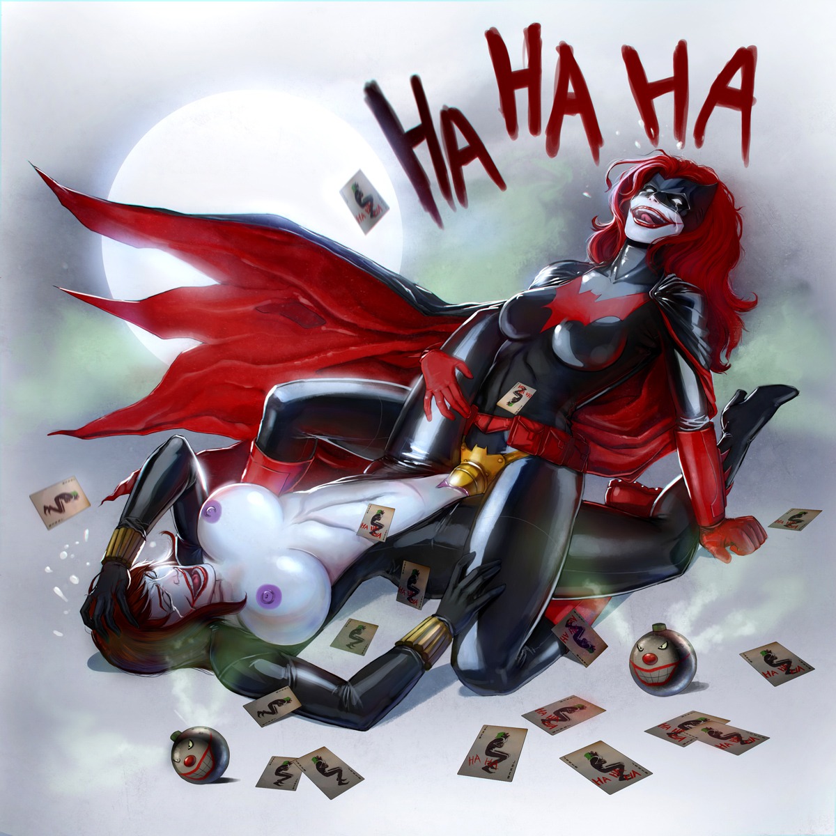 2girls batman_(series) batwoman black_widow_(marvel) clothing clownification crossover dc dc_comics enemy_conversion female female_only jokerfication jokerization kate_kane marvel marvel_comics multiple_females multiple_girls natasha_romanoff rule34 strap-on strapon thriller yuri