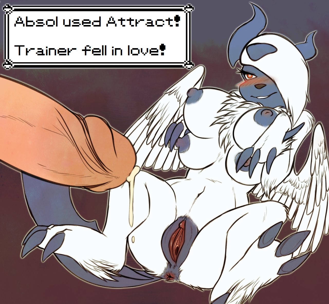 anthro anthrofied anus areola begging begging_pose big_breasts black_anus black_areola black_body black_nipples black_vulva blue_body blush bodily_fluids breasts brown_background busty_feral chest_tuft claws clitoris cum cum_drip digitigrade disembodied_penis dripping duo e621 english_text erection feathered_wings feathers female feral foreskin fur generation_6_pokemon genital_fluids genitals glans hair horn human humanoid_genitalia humanoid_penis interspecies larger_male lying male male/female mammal mega_absol mega_evolution multi_breast neck_tuft nintendo nipples on_back penis pokemon pokemon_(species) pokemorph pokephilia pose precum red_anus red_eyes red_vulva retracted_foreskin simple_background size_difference smaller_female spread_legs spreading tan_foreskin tan_glans tan_penis text the-narutoshi third-party_edit tuft vulva white_body white_feathers white_fur wide_hips wings