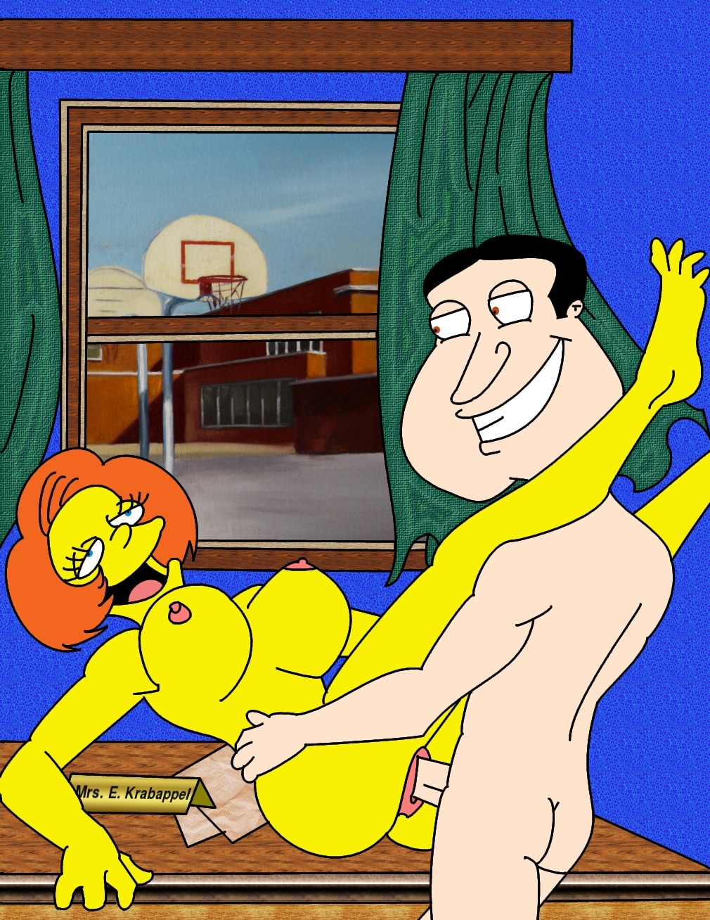 20th_century_studios accurate_art_style crossover edna_krabappel family_guy female glenn_quagmire human light-skinned_male light_skin male rule34 straight the_simpsons yellow_body yellow_skin