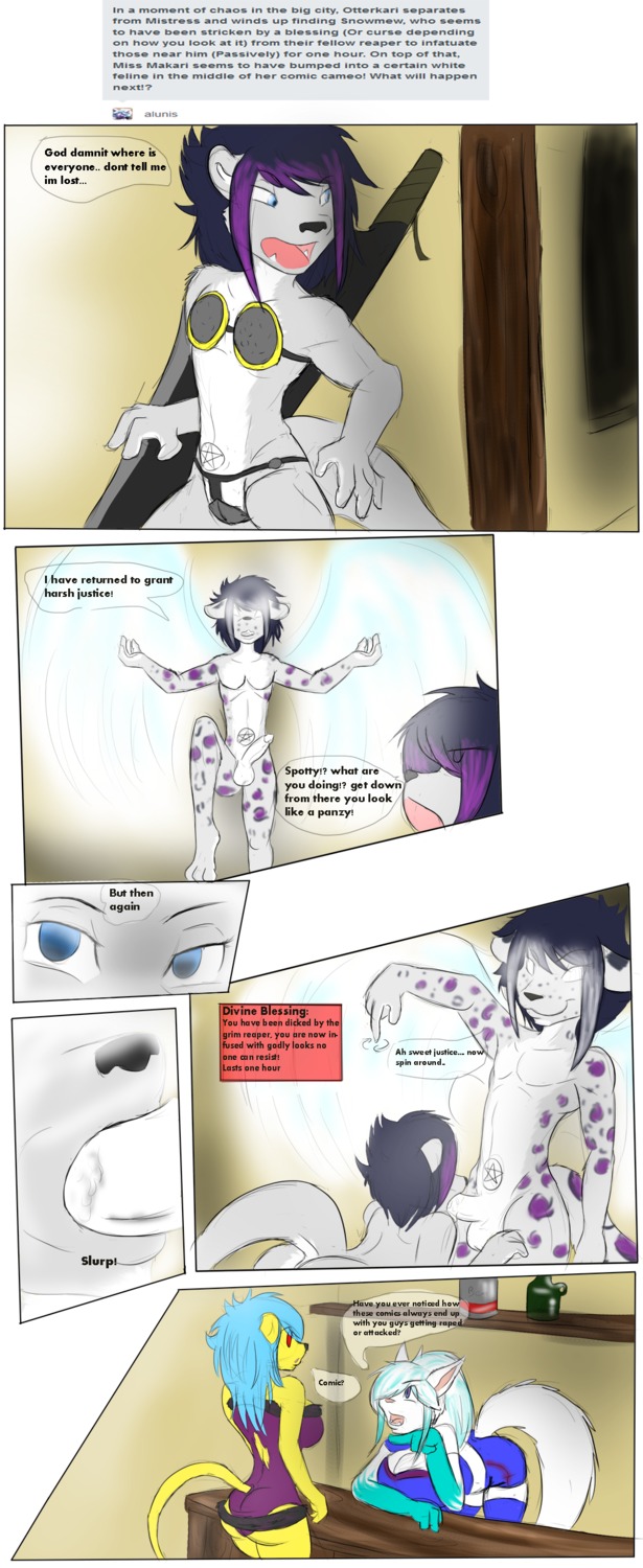 absurd_res all_fours angelic anthro butt clothed clothing comic crossdressing digital_media_(artwork) duo e621 english_text erection feathered_wings feathers felid fellatio female femboy fur_trim_(clothing) genitals group hi_res leopard makarimorph male male/male male_penetrated male_penetrating male_penetrating_male mammal melee_weapon mind_control mustelid nude occult_symbol oral oral_penetration otter pantherine penetration penile penis pentacle pentagram sex snow_leopard sword symbol tail text weapon wings