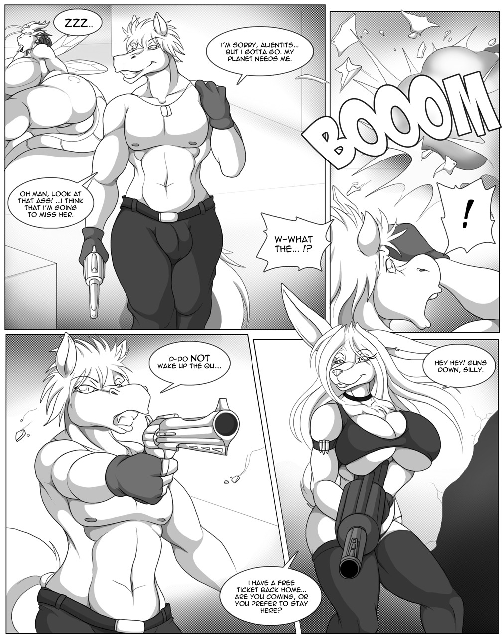 alien anthro big_breasts breasts breeder_(species) breeder_queen bukka butt cleavage clothed clothing comic dialogue dog_tags e621 ear_piercing english_text equid equine exclamation_point eyes_closed female genitals gloves greyscale group gun handwear hi_res horse huge_breasts insect_wings lagomorph legwear leporid lips male mammal monochrome nipples nude piercing rabbit ranged_weapon sleeping stockings text thick_bottom_lip topless vulva weapon wings xpray