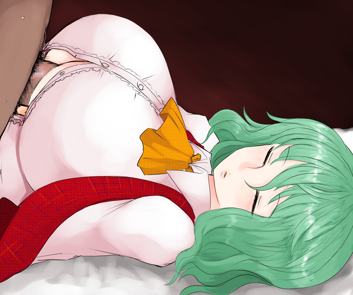 breasts censored dark-skinned_male dark_skin female green_hair han64 han_(jackpot) large_breasts lying male on_back open_clothes open_shirt paizuri paizuri_under_clothes partial_male penis rape rule34 shirt short_hair sleeping touhou youkai yuka_kazami