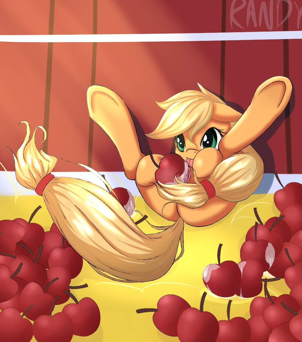 apple applejack_(mlp) ass-stalker blonde_hair e621 earth_pony equid equine female feral food friendship_is_magic fruit fur genitals green_eyes hair hasbro horse lying mammal my_little_pony on_back orange_body orange_fur plant pony solo vaginal vulva wet