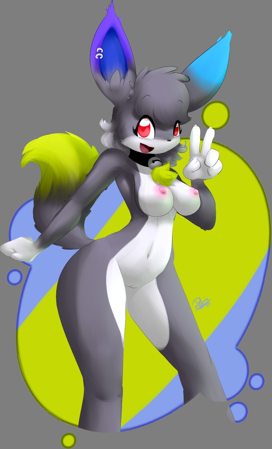 2013 alpha_channel anthro biped blacky_(pitch-black-crow) breasts canid canine digital_media_(artwork) e621 ear_piercing elpatrixf female fennec_fox fox fur genitals gesture grey_body grey_fur hand_gesture hi_res mammal nipples nude piercing pink_nipples red_eyes simple_background solo standing transparent_background true_fox v_sign vulva