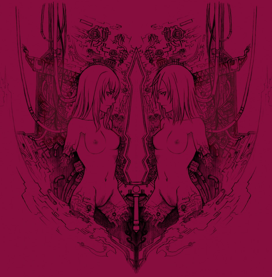 2girls bamboo_(pixiv70166) breasts devola female long_hair monochrome multiple_females multiple_girls nier_(series) nier_replicant nipples nude popola pubic_hair robot_girl rule34 siblings sisters twins