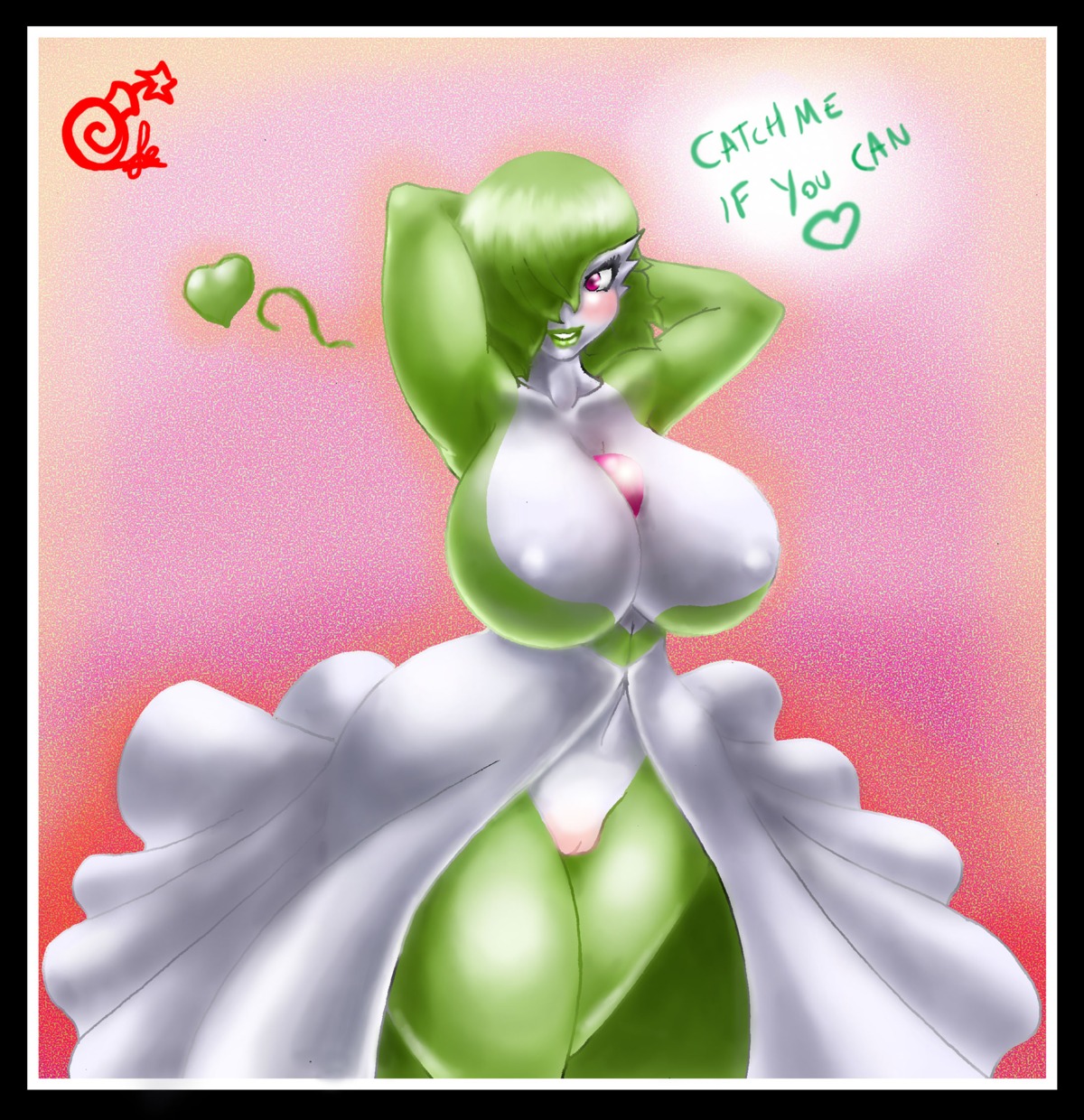 alternate_species big_breasts blush breasts carmessi e621 english_text female gardevoir generation_3_pokemon genitals hair hair_over_eye heart_symbol hi_res huge_breasts humanoid humanoidized mammal nintendo nipples non-mammal_nipples not_furry one_eye_obstructed pokemon pokemon_(species) pokemorph red_eyes simple_background solo text vulva wide_hipped_female wide_hips