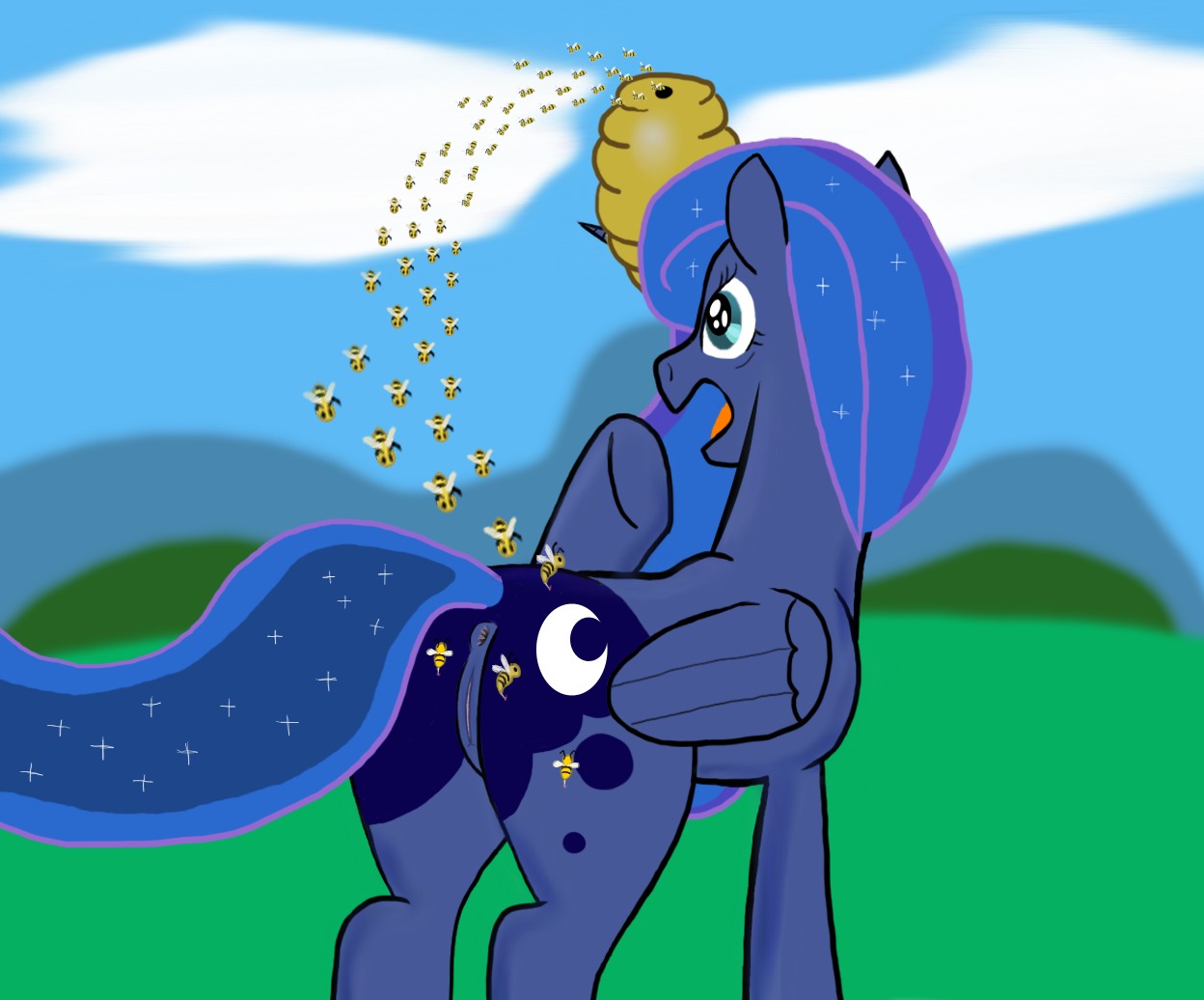 2012 anus arthropod bee bee_sting beehive blue_body blue_feathers blue_hair bsting butt cloud cosmic_hair cutie_mark e621 equid equine ethereal_hair feathered_wings feathers female feral friendship_is_magic genitals hair hasbro horn hymenopteran insect insect_wings mammal my_little_pony mythological_creature mythological_equine mythology outside pain princess_luna_(mlp) raised_tail sky solo starry_hair sting tail vulva winged_unicorn wings