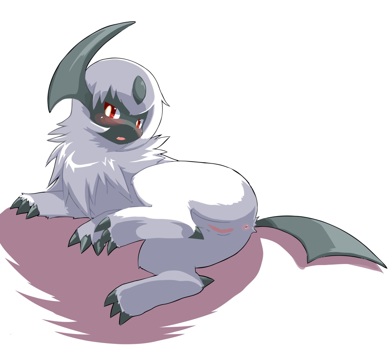 absol absurd_res anus blush butt chest_tuft e621 female feral fur generation_3_pokemon genitals hi_res looking_back lying nintendo on_side open_mouth pokemon pokemon_(species) pose presenting presenting_hindquarters quadruped red_eyes simple_background solo tail tuft vectorized vulva white_background wkar