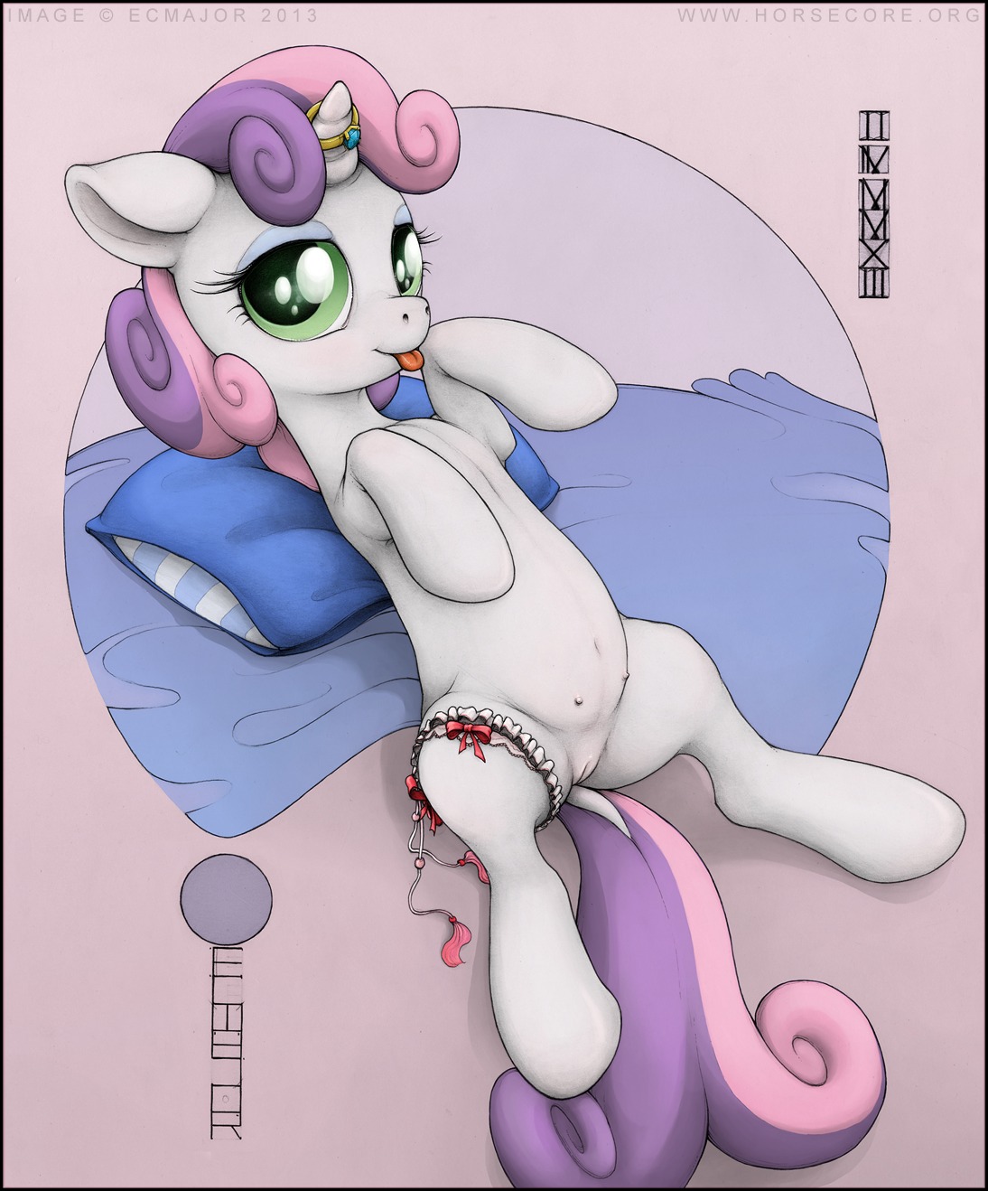 2013 accessory black_border border e621 ecmajor equid equine eyelashes female feral friendship_is_magic garter genitals green_eyes hair hasbro hi_res hooves horn looking_at_viewer lying mammal multicolored_hair my_little_pony mythological_creature mythological_equine mythology on_back pillow purple_hair quadruped simple_background solo sweetie_belle_(mlp) tail teats tongue tongue_out two_tone_hair unguligrade unicorn vulva young young_feral