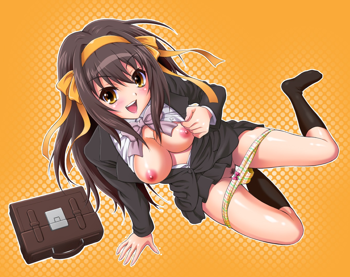 alternate_costume alternate_hairstyle arm_support black_legwear black_socks blush bow bow_panties bowtie breasts brown_eyes brown_hair clothing female female_only footwear hair_ribbon hairbow harukaze_soyogu human large_breasts legs long_hair open_mouth panties plaid pubic_hair pussy ribbon rule34 skirt socks solo suzumiya_haruhi suzumiya_haruhi_no_yuuutsu tartan underwear