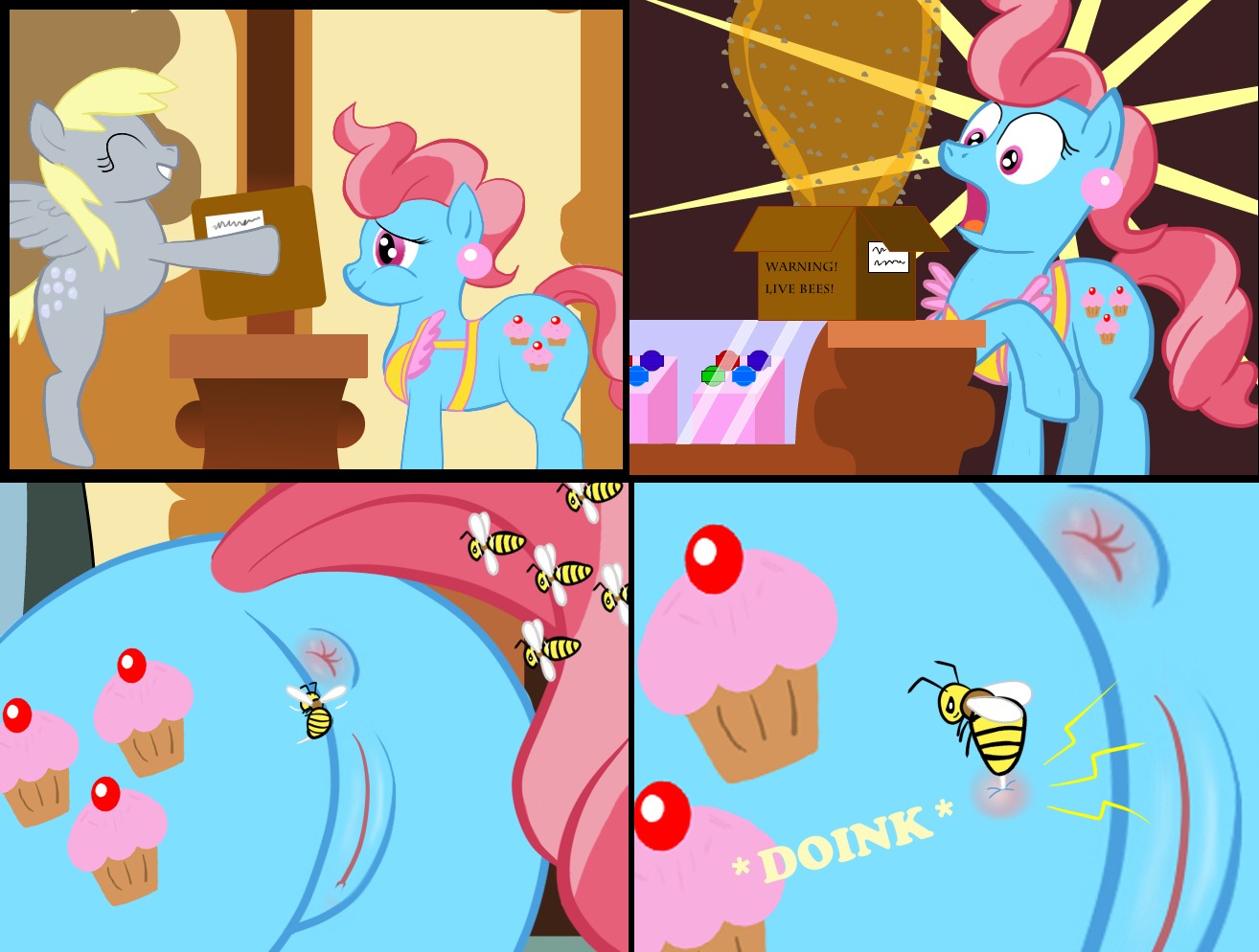 2012 anus anus_blush arthropod bee bee_sting blush body_blush bsting butt comic cutie_mark derpy_hooves_(mlp) duo e621 earth_pony equid equine feathered_wings feathers female feral friendship_is_magic genitals grey_body grey_feathers hasbro horse hymenopteran insect insect_wings mammal mrs._cake_(mlp) my_little_pony mythological_creature mythological_equine mythology pain pegasus pony raised_tail reddened_butt sting tail vulva wings