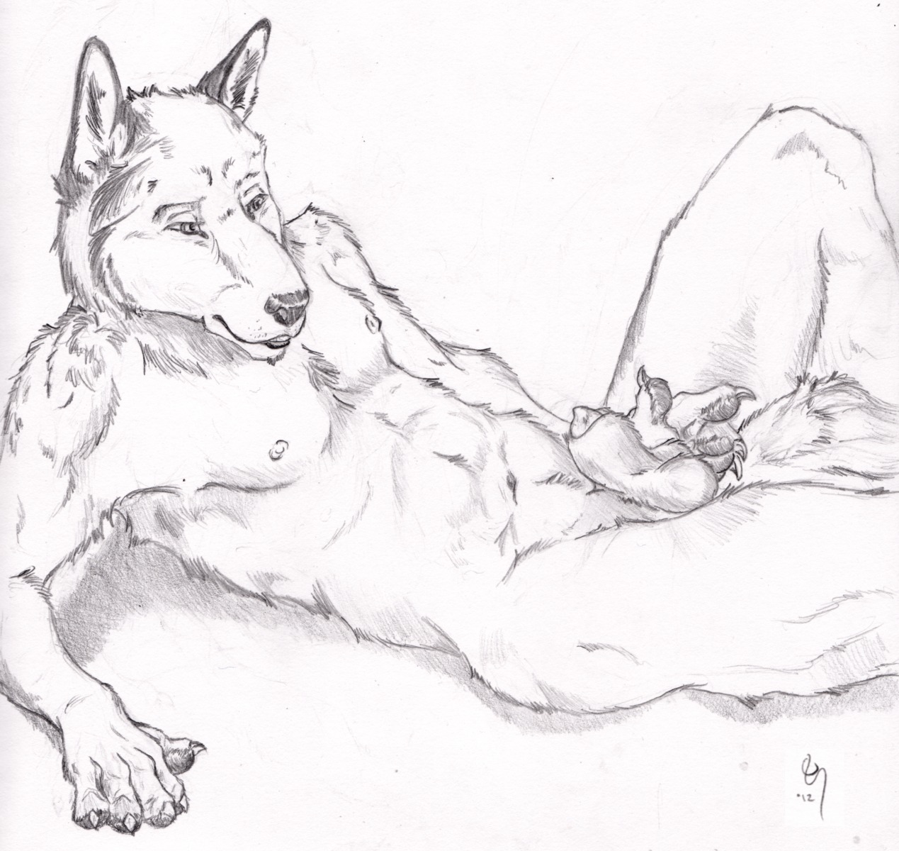 animal_genitalia anthro balls biped black_and_white black_nose butt canid canine claws e621 flaccid genitals hi_res lying male mammal monochrome nipples nude on_back paws penis penis_tip reclining semiotica sheath solo