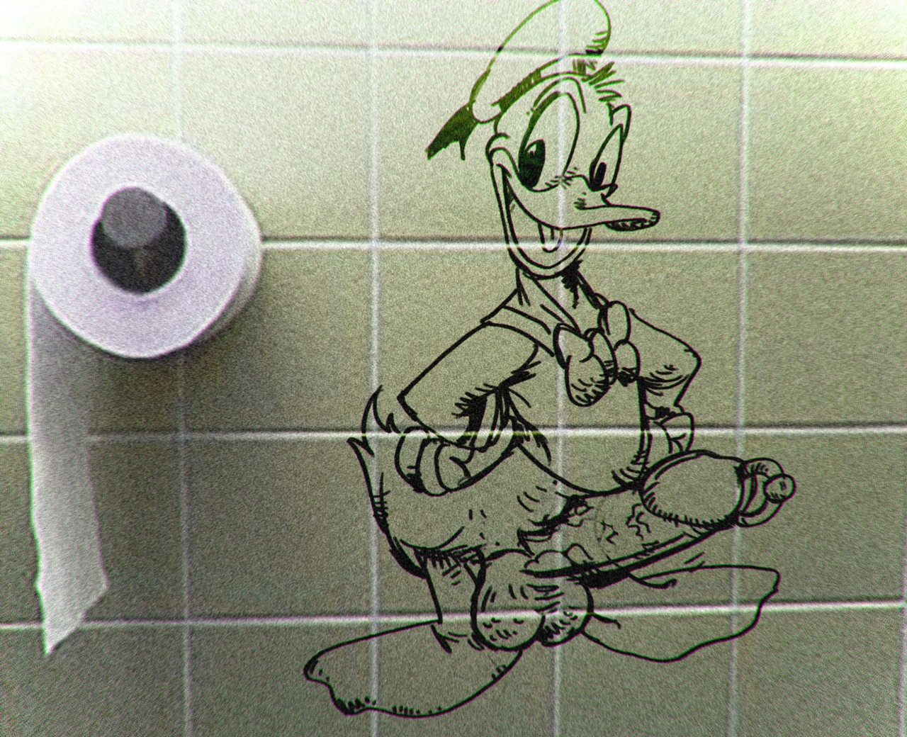 1boy anthro balls ballsack big_breasts bottomless breasts circumcised disney donald_duck duck erection genital_piercing graffiti humanoid_penis male male_only monochrome penis penis_piercing prince_albert_piercing rule34 sailor_hat scrotum testicles toony veiny_penis what