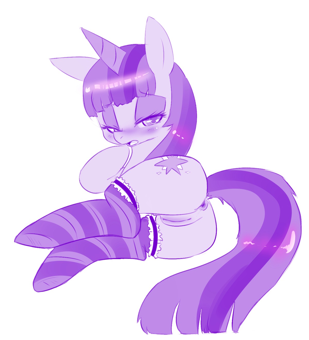 anus blush clothing digital_media_(artwork) e621 equid equine female feral footwear friendship_is_magic fur genitals hair hasbro hi_res horn legwear mammal monochrome multicolored_hair my_little_pony mythological_creature mythological_equine mythology purple_body purple_fur purple_hair socks solo tenshigarden twilight_sparkle_(mlp) two_tone_hair unicorn vulva