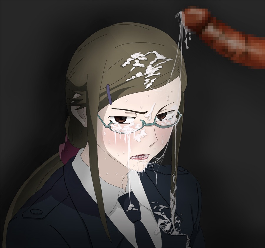 1boy 1girls artist_request blush censored cum cum_on_clothes cum_on_glasses cum_on_hair cum_string dark-skinned_male dark_penis dark_skin darker_than_black facial female forced glasses interracial kirihara_misaki lipstick male mature milf penis rule34 sweat uniform
