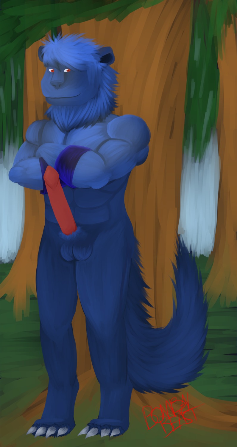 2012 abs absurd_res akono anthro balls biceps big_penis biped bombai bombai-beast digitigrade e621 erection fur genitals hair hi_res horn male mane monster muscular muscular_anthro muscular_male nude penis pose smile solo standing tail thick_penis