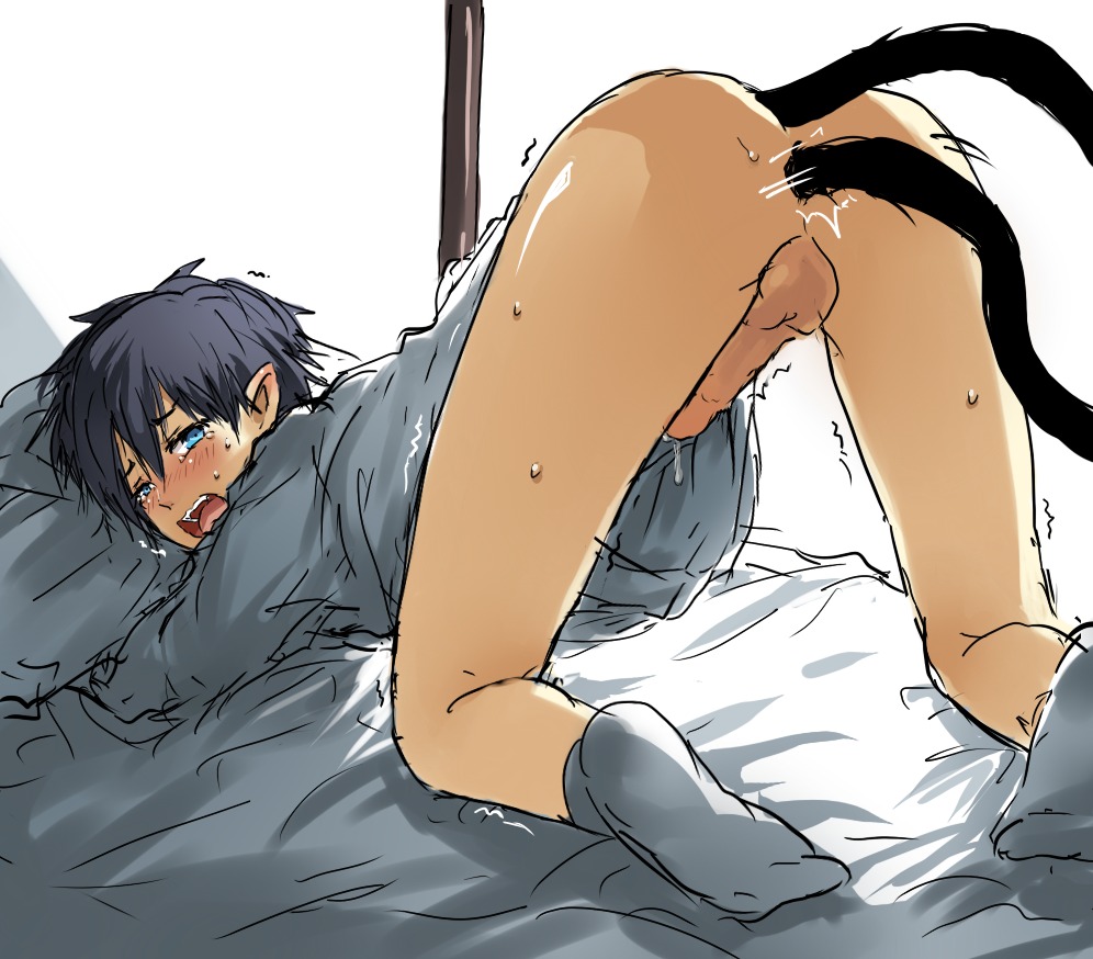 1boy 2d all_fours anal ao_no_exorcist artist_request ass blue_eyes blush bottomless color erect_while_penetrated erection head_down_ass_up legs_apart male male_only masturbation motion_lines okumura_rin on_bed penis pointy_ears rule34 selfcest socks solo sweat tail tail_sex tear top-down_bottom-up white_background