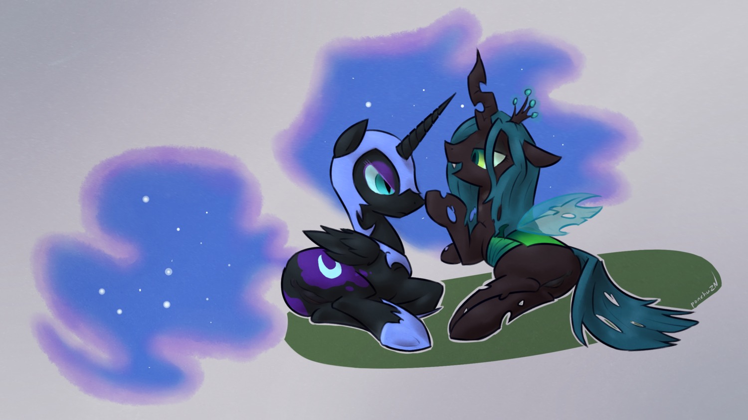 16:9 2013 anus armor arthropod black_body black_feathers blue_hair changeling_(mlp) cutie_mark duo e621 equid equine feathered_wings feathers female feral friendship_is_magic genitals green_eyes hair hasbro headgear helmet hi_res horn insect_wings mammal my_little_pony mythological_creature mythological_equine mythology nightmare_moon_(mlp) ponchuzn queen_chrysalis_(mlp) simple_background vulva widescreen winged_unicorn wings