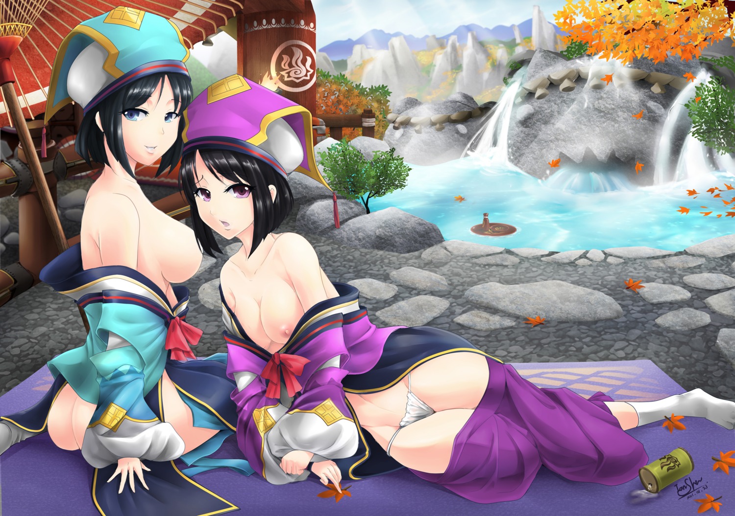 2girls black_hair blue_eyes blush breasts capcom female female_only hat highres ian_shen konaha monster_hunter monster_hunter_portable_3rd multiple_females multiple_girls purple_eyes receptionist rule34 sasayu smile