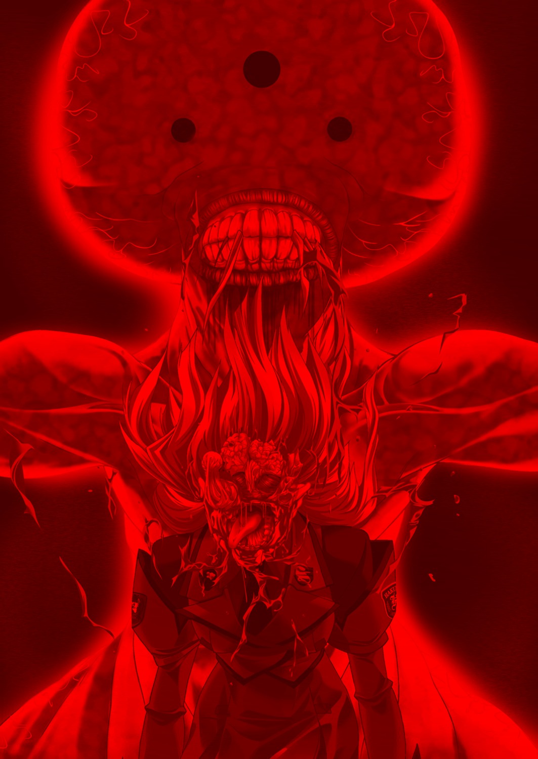blood brain clothing death female female_death front_view gore guro highres injury monochrome open_wound redscale rule34 wound