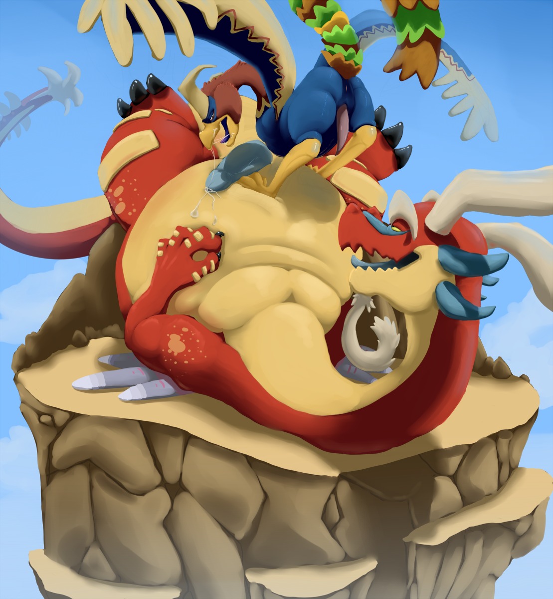 2014 3_toes 4_fingers anus avian beak beard belly big_belly bird black_eyes blue_penis blue_tongue bodily_fluids butt claws cliff cloud cum cum_in_mouth cum_inside cum_on_belly cum_on_body cum_on_face cum_on_tongue cum_string digital_media_(artwork) dragon duo e621 erection facial_hair feet feral feral_on_feral fingers genital_fluids genitals glistening goatee half-closed_eyes happy hi_res kargaroc king larger_male long_neck looking_back looking_pleasured lying male male/male male_on_bottom male_on_top mountain mythological_creature mythological_scalie mythology narrowed_eyes nintendo nixx nude on_back on_bottom on_top open_mouth outside overweight penis presenting presenting_hindquarters raised_leg rock royalty scalie shaded shadow size_difference sky slightly_chubby smaller_male smile standing tail the_legend_of_zelda toe_claws toes tongue tongue_out valoo wind_waker wings yellow_eyes