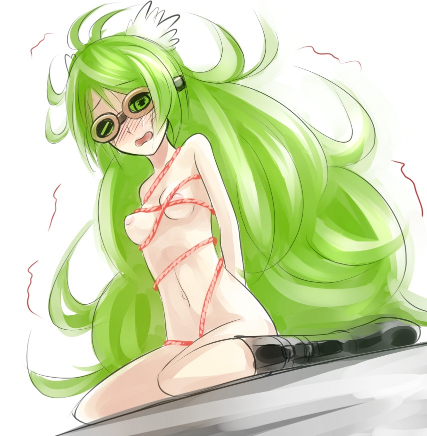 ahoge alchemic_magician bondage boots duel_monster female goggles green_hair long_hair rope rule34 sitting sukumo_(kemutai) wariza white_background yu-gi-oh! yuu-gi-ou yuu-gi-ou_duel_monsters