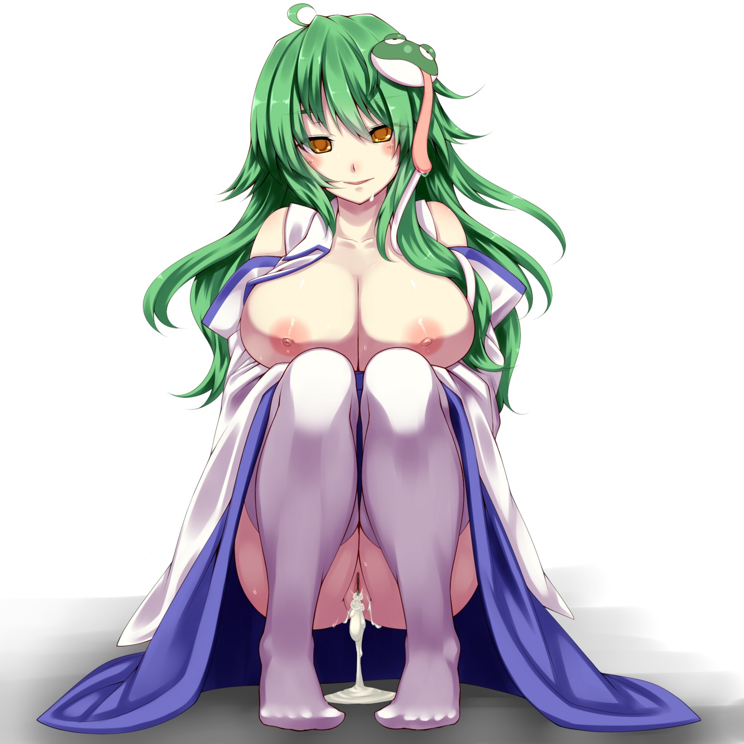 1girls after_sex ahe_gao ahoge blush breasts cum cum_inside cum_pool cumdrip detached_sleeves draining female frog green_hair hair_ornament highres huge_breasts large_breasts long_hair nipples pussy rule34 sanae_kochiya snake solo squatting sweat thighhighs tongue tongue_out touhou tro yellow_eyes